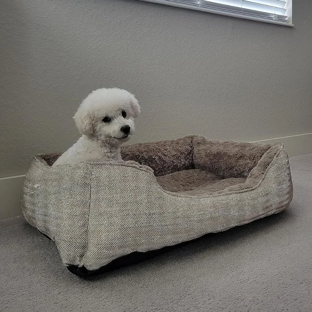 Dog 30'' Grey Wood Linen Soft Washable Rectangle Anti-Slip Bottom Sleeping Bed